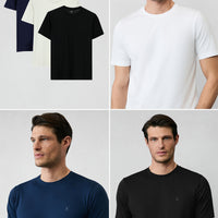 Beyaz-Siyah-Lacivert Bisiklet Yaka Regular Fit %100 Pamuk 3'lü Paket Tişört Seti