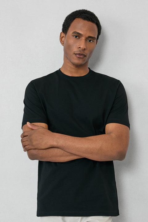 Siyah Bisiklet Yaka Slim Fit %100 Pamuk Tişört