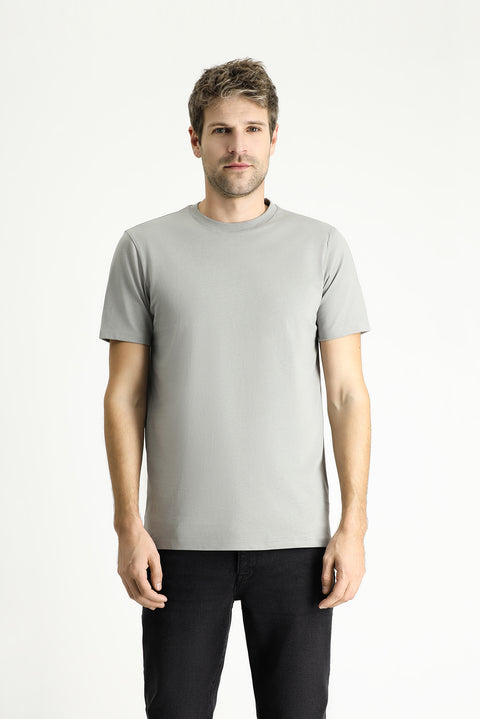 Açık Gri Melanj Bisiklet Yaka Slim Fit %100 Pamuk Tişört