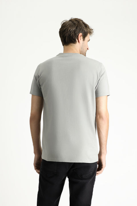 Açık Gri Melanj Bisiklet Yaka Slim Fit %100 Pamuk Tişört