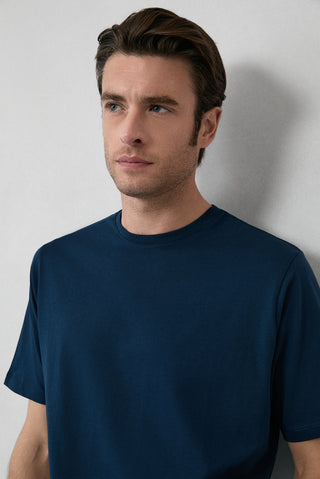  Orta Lacivert Bisiklet Yaka Slim Fit %100 Pamuk Tişört