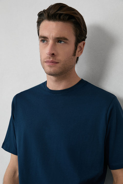 Orta Lacivert Bisiklet Yaka Slim Fit %100 Pamuk Tişört
