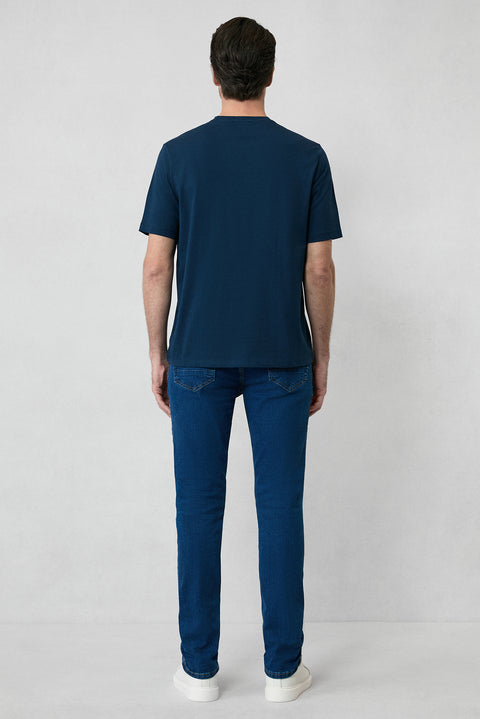 Orta Lacivert Bisiklet Yaka Slim Fit %100 Pamuk Tişört