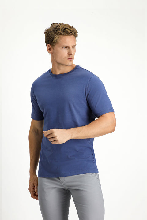 İndigo Bisiklet Yaka Slim Fit %100 Pamuk Tişört