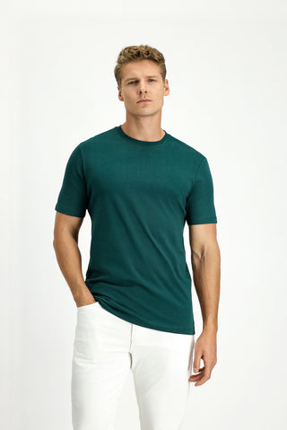  Koyu Yeşil Bisiklet Yaka Slim Fit Dar Kesim Süprem Pamuk Tişört