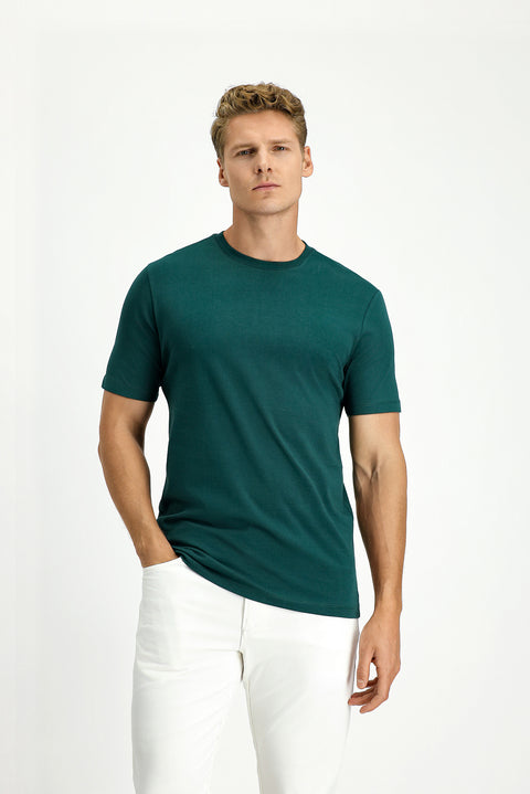 Koyu Yeşil Bisiklet Yaka Slim Fit %100 Pamuk Tişört