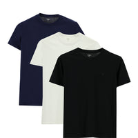 Beyaz-Siyah-Lacivert Bisiklet Yaka Slim Fit Dar Kesim Pamuk 3'lü Tişört Seti