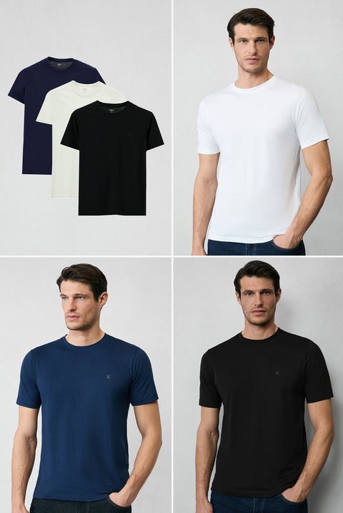 Beyaz-Siyah-Lacivert Bisiklet Yaka Slim Fit Dar Kesim Pamuk 3'lü Tişört Seti