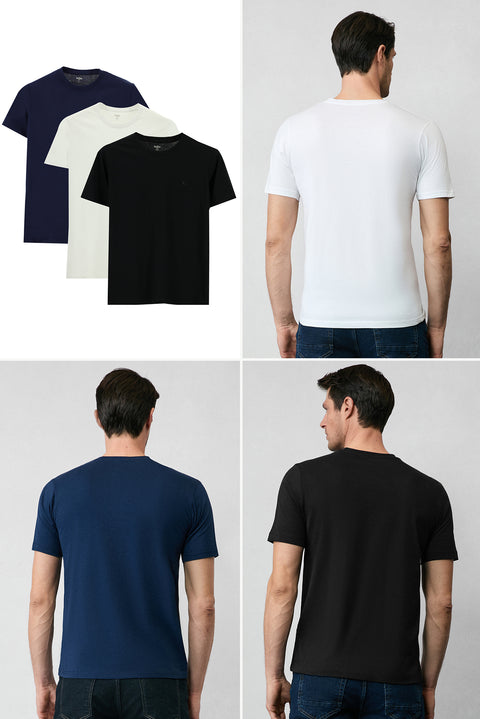 Beyaz-Siyah-Lacivert Bisiklet Yaka Slim Fit Dar Kesim Pamuk 3'lü Tişört Seti