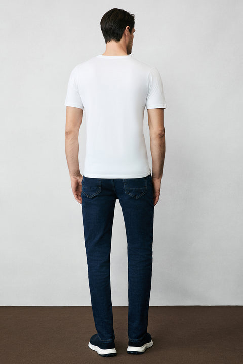 Beyaz-Siyah-Lacivert Bisiklet Yaka Slim Fit Dar Kesim Pamuk 3'lü Tişört Seti