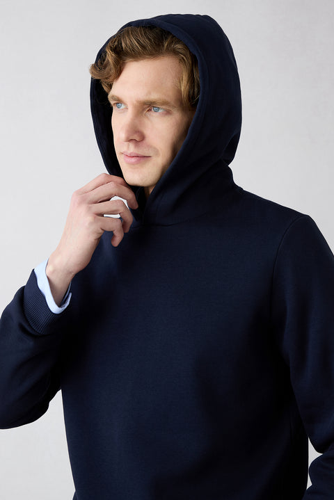 Orta Lacivert Kapüşonlu Regular Fit Pamuklu Sweatshirt