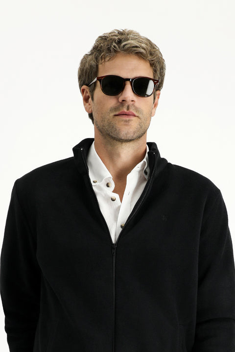 Siyah Dik Yaka Tam Fermuarlı Soğuk Geçirmez Tüylenme Yapmayan Cepli Polar Sweatshirt