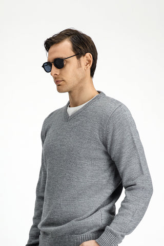  Orta Gri Melanj V Yaka Regular Fit Triko Kazak