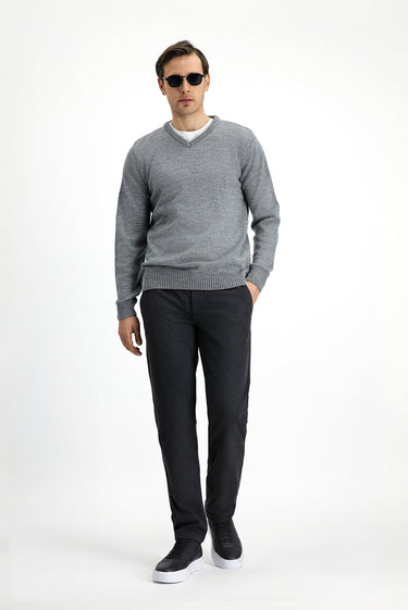  Orta Gri Melanj V Yaka Regular Fit Triko Kazak