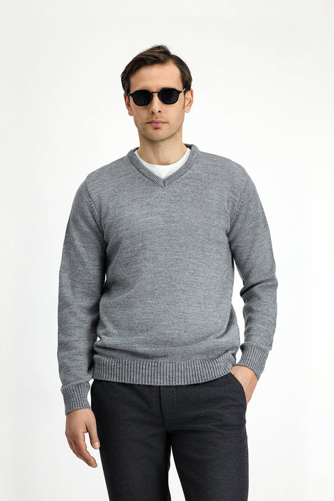 Orta Gri Melanj V Yaka Regular Fit Triko Kazak