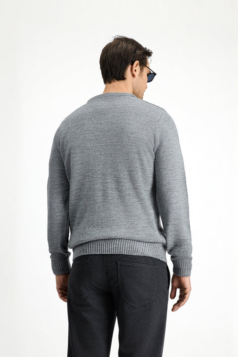 Orta Gri Melanj V Yaka Regular Fit Triko Kazak