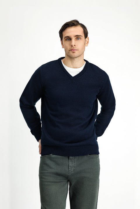 Koyu Lacivert V Yaka Regular Fit Triko Kazak