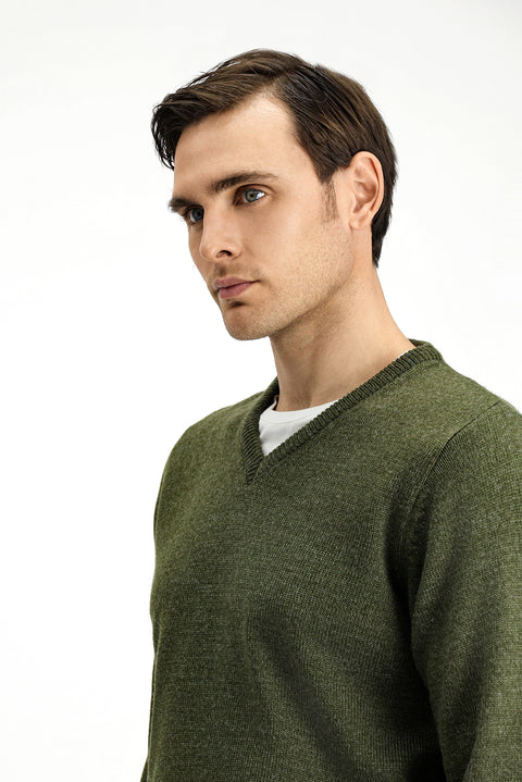 Orta Haki V Yaka Regular Fit Triko Kazak