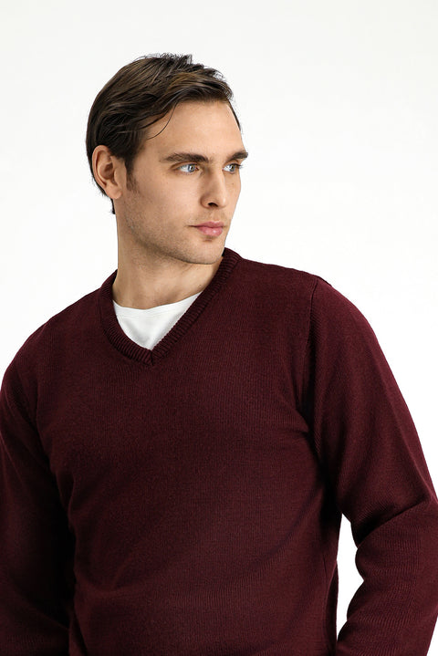 Koyu Bordo V Yaka Regular Fit Triko Kazak