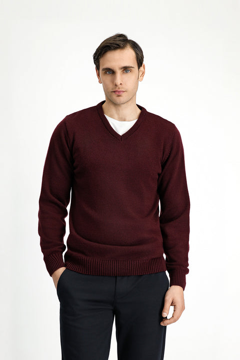 Koyu Bordo V Yaka Regular Fit Triko Kazak