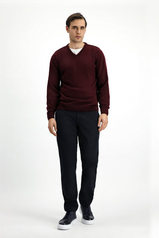  Koyu Bordo V Yaka Regular Fit Triko Kazak
