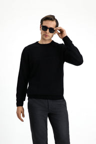  Siyah Bisiklet Yaka Regular Fit Desenli Triko Kazak