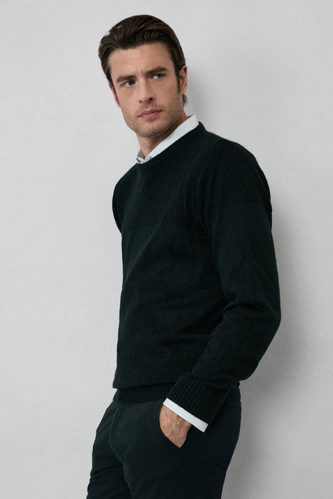 Siyah Bisiklet Yaka Regular Fit Desenli Triko Kazak