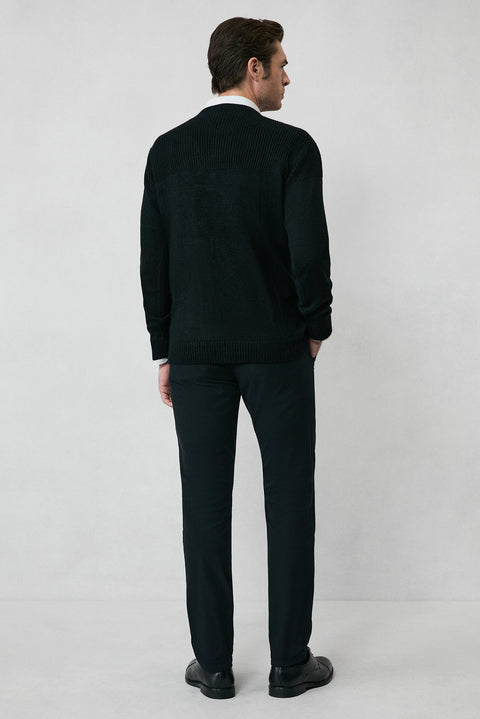 Siyah Bisiklet Yaka Regular Fit Desenli Triko Kazak