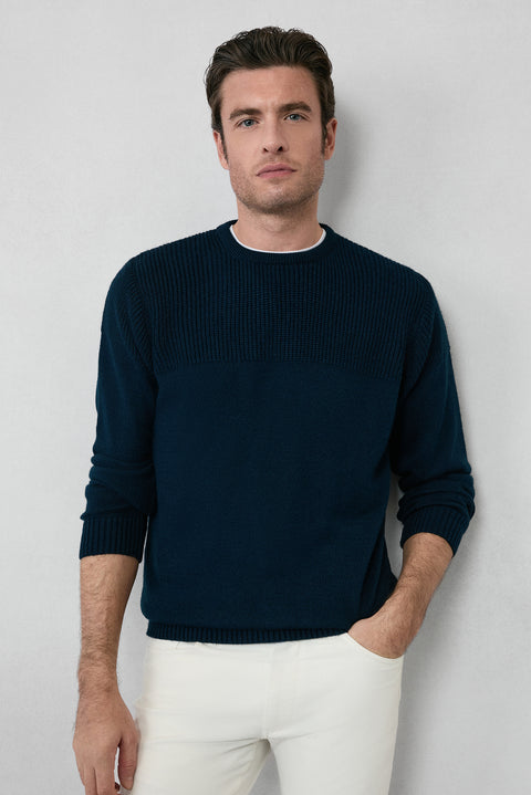 Koyu Lacivert Bisiklet Yaka Regular Fit Desenli Triko Kazak