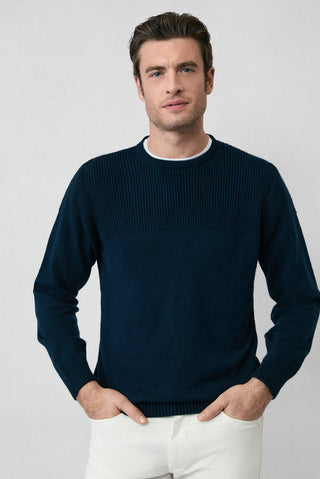  Koyu Lacivert Bisiklet Yaka Regular Fit Desenli Triko Kazak