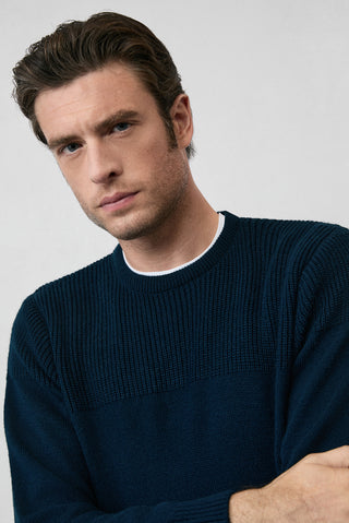  Koyu Lacivert Bisiklet Yaka Regular Fit Desenli Triko Kazak