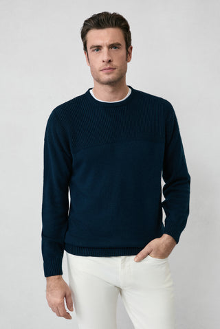  Koyu Lacivert Bisiklet Yaka Regular Fit Desenli Triko Kazak