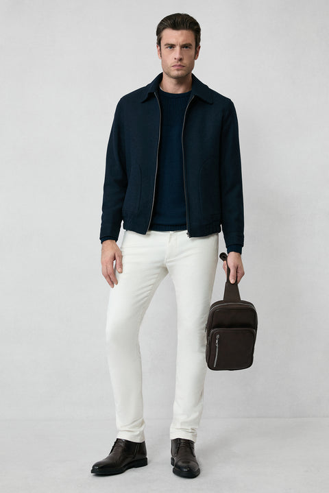 Koyu Lacivert Bisiklet Yaka Regular Fit Desenli Triko Kazak