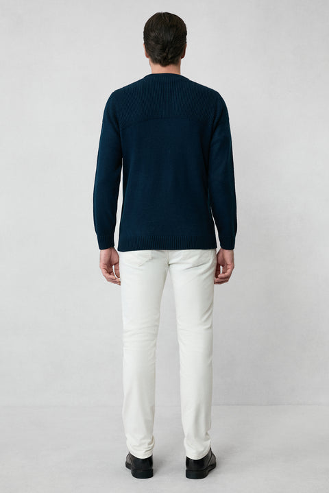 Koyu Lacivert Bisiklet Yaka Regular Fit Desenli Triko Kazak