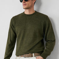 Orta Haki Bisiklet Yaka Regular Fit Desenli Triko Kazak