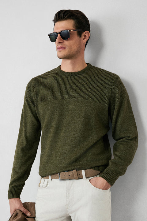 Orta Haki Bisiklet Yaka Regular Fit Desenli Triko Kazak