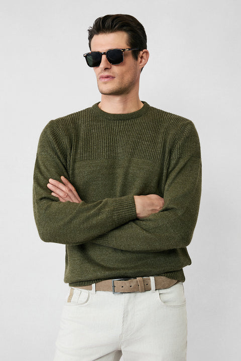 Orta Haki Bisiklet Yaka Regular Fit Desenli Triko Kazak