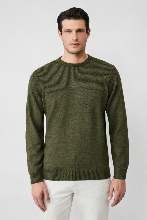 Orta Haki Bisiklet Yaka Regular Fit Desenli Triko Kazak