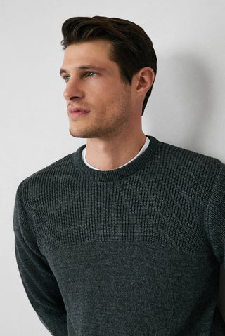  Orta Anrasit Melanj Bisiklet Yaka Regular Fit Desenli Triko Kazak