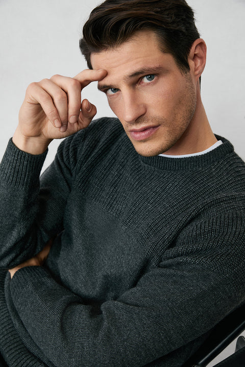 Orta Anrasit Melanj Bisiklet Yaka Regular Fit Desenli Triko Kazak