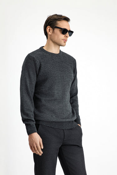  Orta Anrasit Melanj Bisiklet Yaka Regular Fit Desenli Triko Kazak