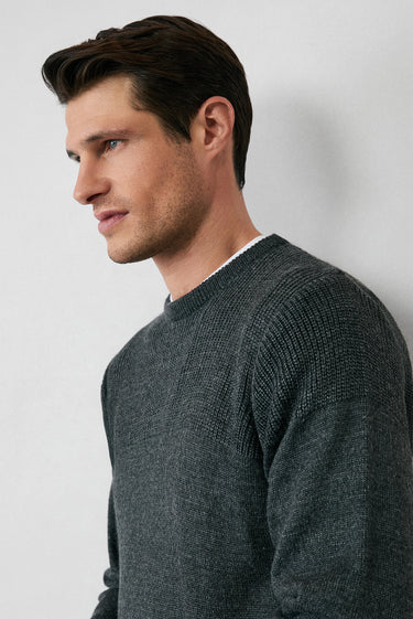  Orta Anrasit Melanj Bisiklet Yaka Regular Fit Desenli Triko Kazak