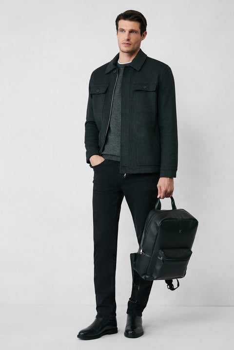 Orta Anrasit Melanj Bisiklet Yaka Regular Fit Desenli Triko Kazak