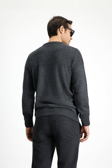 Orta Anrasit Melanj Bisiklet Yaka Regular Fit Desenli Triko Kazak