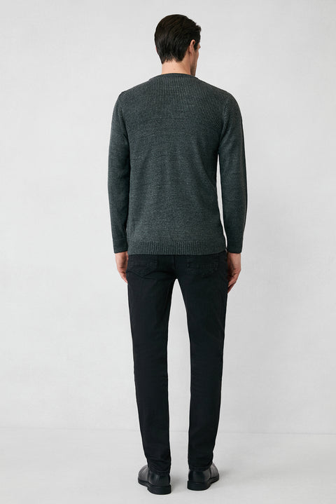 Orta Anrasit Melanj Bisiklet Yaka Regular Fit Desenli Triko Kazak