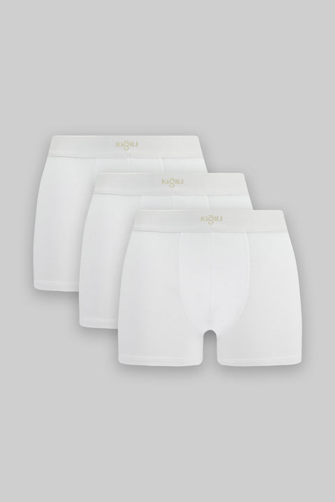 Beyaz 3'lü Pamuklu Likralı Rahat Esnek Boxer Seti