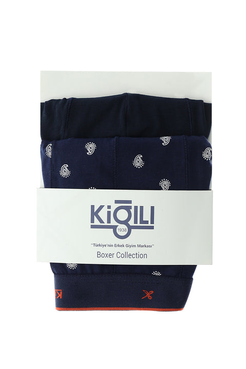 Koyu Lacivert 2'li Desenli Pamuklu Boxer Seti