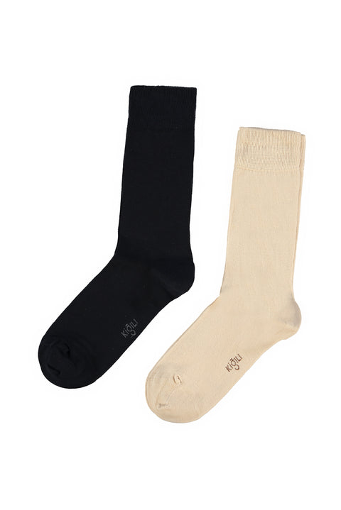 Orta Lacivert 2'li Pamuklu Likralı Esnek Düz Çorap Seti