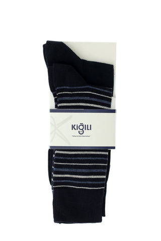  Lacivert 2'li Pamuklu Çizgili Çorap Seti