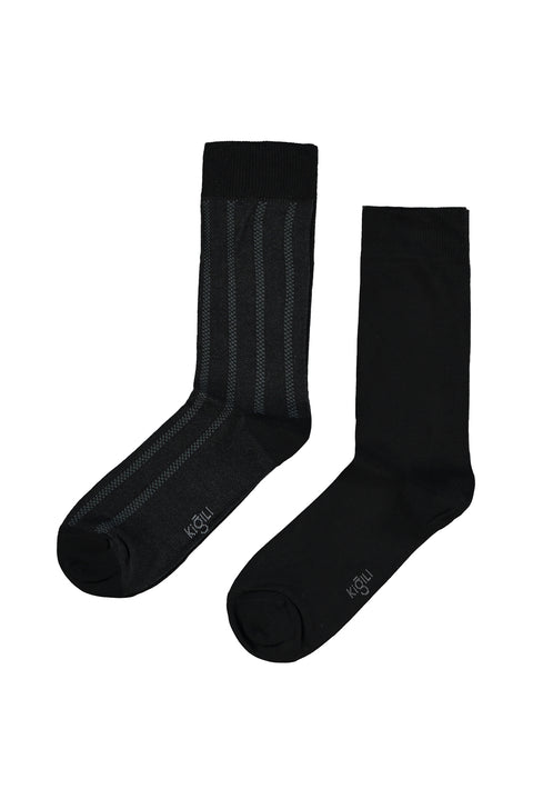 Koyu Siyah 2'li Pamuklu Çizgili Likralı Esnek Çorap Seti